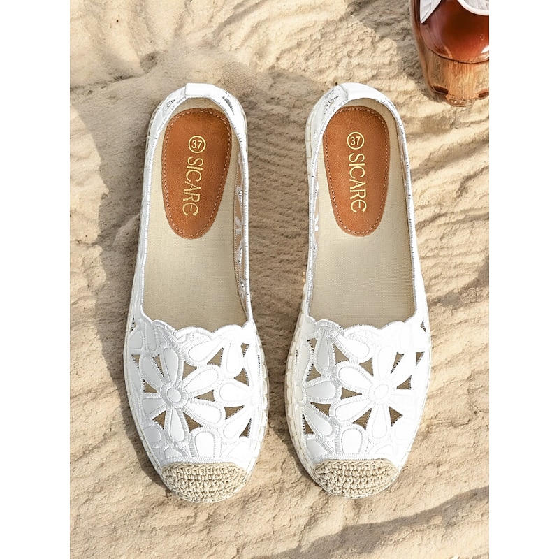 Women's White Lace Espadrille Flats – Breathable Slip-On Loafers with Floral Cutout Design for Summer, Beach, and Casual Outings