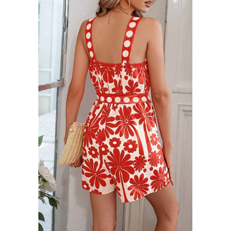 Women's Normal Romper Casual Floral Sleeveless Square Neck Print Vacation Daily Regular Fit Black Red Blue Summer2