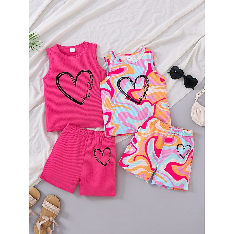 2 Pieces Kids Girls' Heart Crewneck Tank Top & Shorts Set Set Sleeveless Active Outdoor 4-7 Years Summer Pink - Main Image