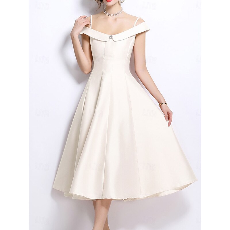 A-Line Party Dresses Elegant Dress Wedding Wedding Guest Tea Length Sleeveless Off Shoulder Polyester Backless with Pleats2