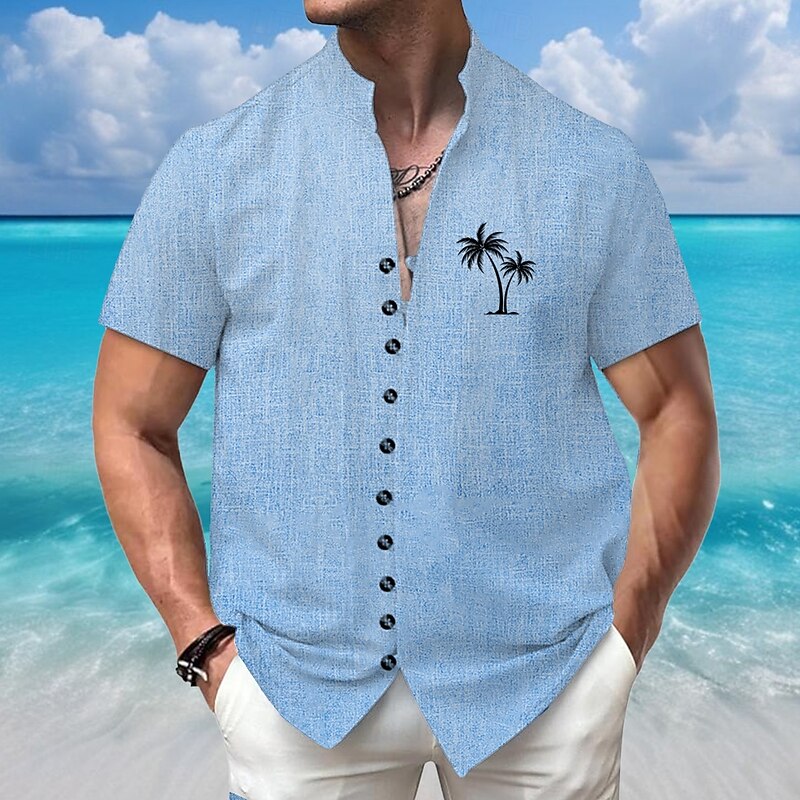 Men's Coconut Tree Tropical Summer Hawaiian Shirt Stand Collar Shirt Short Sleeves Hawaiian Vacation Beach Wear Grandad Collar Mandarin Collar Button Up 3D Print Linen Like Shirt White Pink Blue Green2