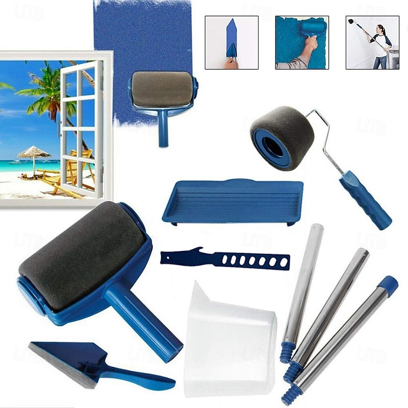 Paint Roller Brush Painting Handle Tool, Wall Painting Handle Tool with Paint Runner Brush, Wall Printing Brush, 3 Extension Poles, Printing Brush Tray, Handle Flocked Edger Room for Walls and Ceiling