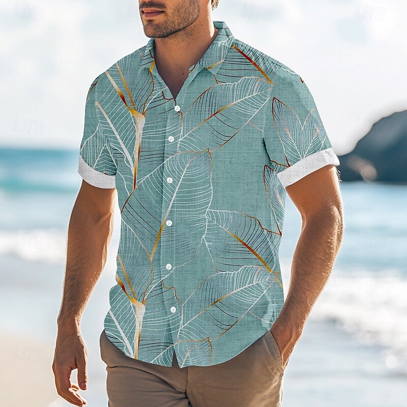 Men's Palm Leaf Tropical Plants Casual Shirt Summer Hawaiian Shirt Button Up Shirt Short Sleeve Hawaiian Resort Vacation Holiday Beach Wear Summer Spring Turndown 3D Print Collared Shirts Blue Sky