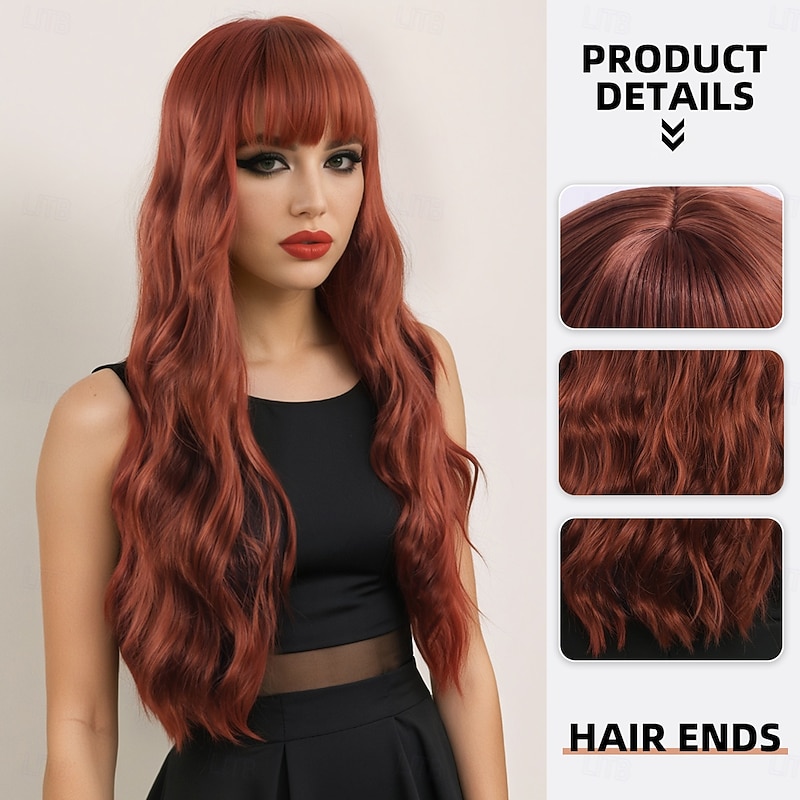 Women's A1 Synthetic Hair Wavy Curly Wig 28 inch Layered Haircut with Bangs Ombre Brown Machine Made Classic Comfortable2