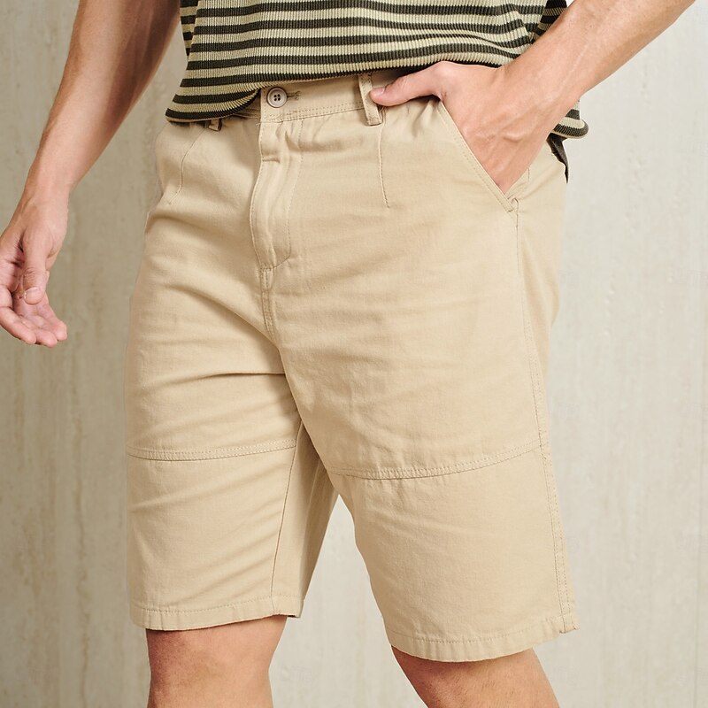 Men's 100% Cotton Cargo Shorts Patchwork Zipper Pocket Solid Color Knee Length Wedding Outdoor Party Vacation Vintage Light Khaki Black Micro-elastic2