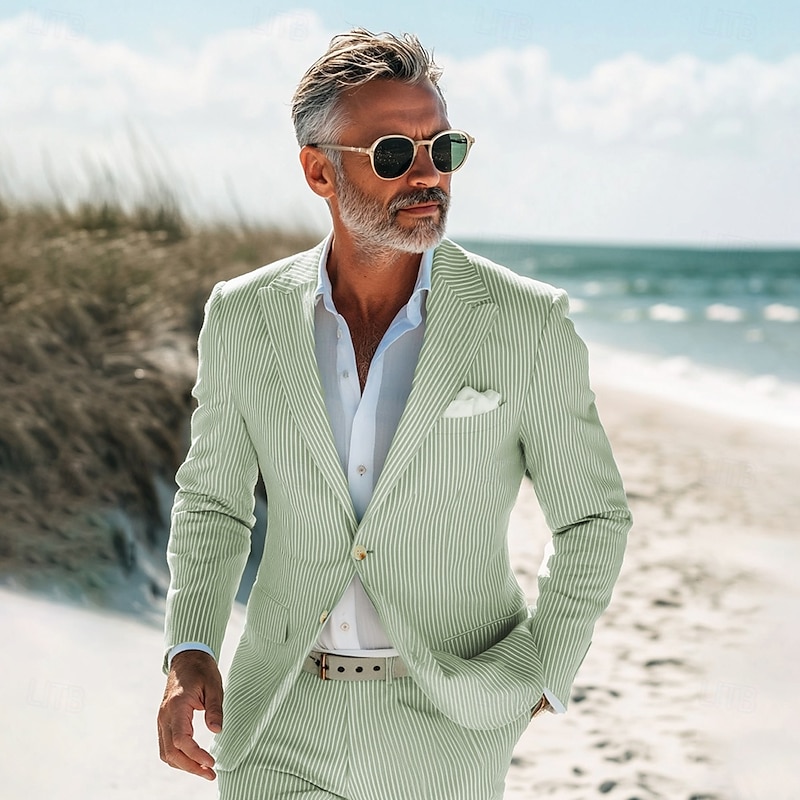 Men's Beach Wedding Suits Sage Lightweight Solid Colored Standard Fit 2 Piece Single Breasted Two-buttons2