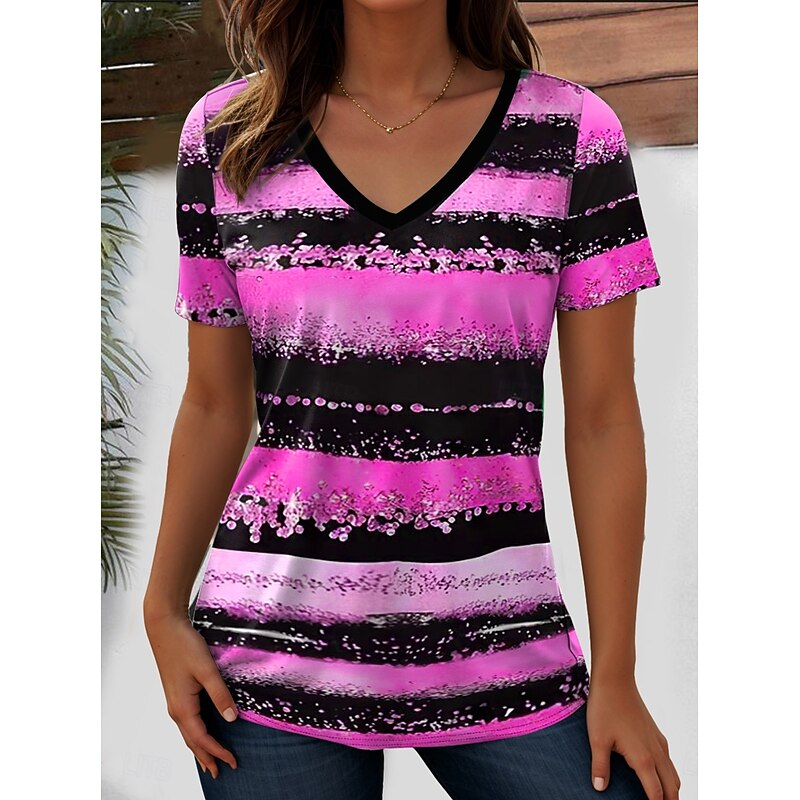 Women's T Shirt Ocean Striped Casual Short Sleeve V Neck Regular Tops Daily Going out Weekend Print Yellow Pink Blue Purple Orange Summer4