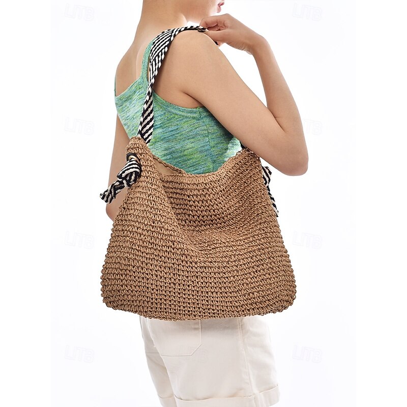 Women's Woven Straw Shoulder Bag – Boho Chic Beach Tote with Zebra Print Straps, Lightweight Summer Handbag for Travel, Vacation & Casual Outings3