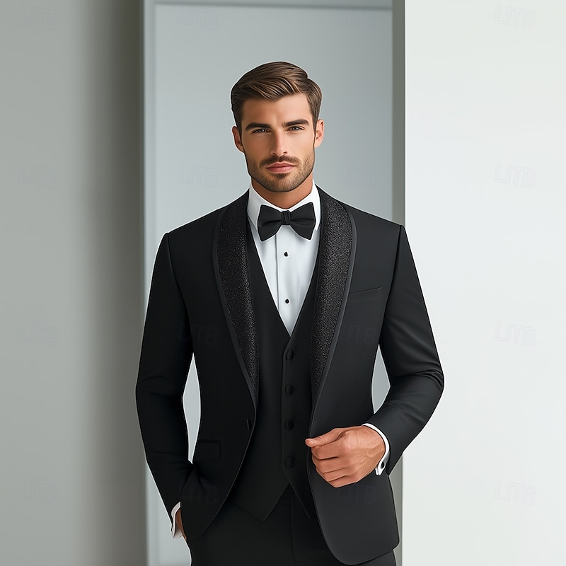 Men's Wedding Business Party Suits Black Fashion Dress Solid Colored Standard Fit 3 Piece Single Breasted One-button2