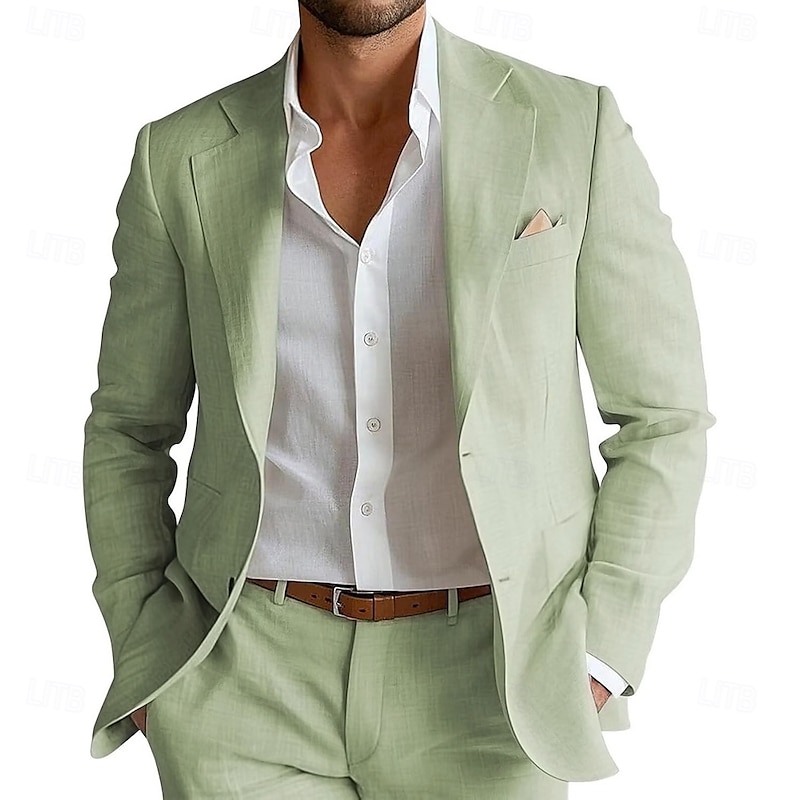 Men's Wedding Casual Linen Suits Sage Lilac Lightweight Solid Colored Standard Fit 2 Piece Single Breasted One-button