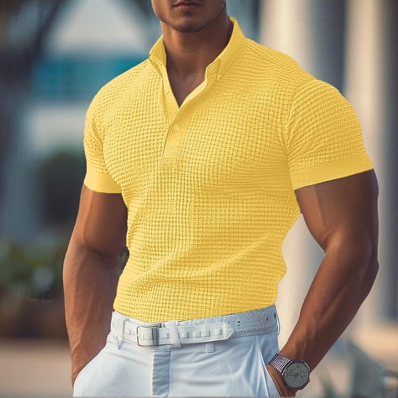 Men's Waffle Polo Shirts Golf Shirt Casual Holiday Lapel Quarter Zip Short Sleeve Fashion Basic Plain Zipper Summer Regular Fit Yellow Waffle Polo Shirts