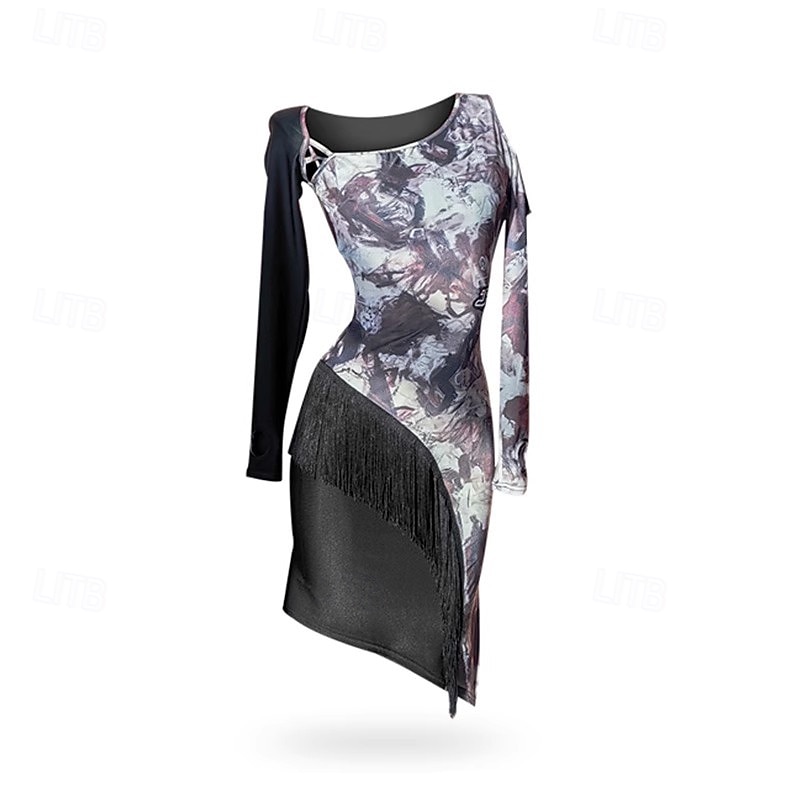 Latin Dance Dress Printing Tassel Splicing Women's Performance Training Long Sleeve Polyester