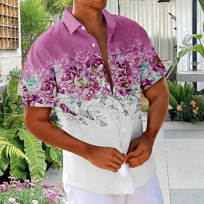 Men's Floral Print Flowers Shirt Summer Hawaiian Shirt Button Up Shirt Short Sleeve Hawaiian Vacation Holiday Beach Wear Summer Turndown 3D Print Front One Pocket Linen Like Shirt Pink Blue Green2