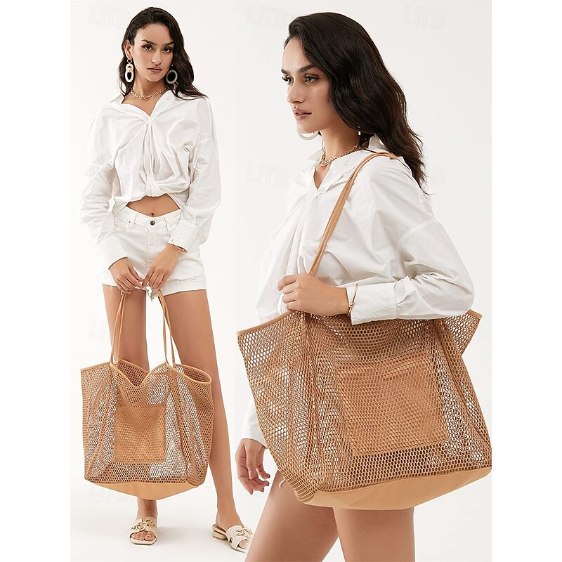 Women's Tote Shoulder Bags Mesh Shopping Casual Daily Beach Large Capacity Solid Color Black Pink Light Green3