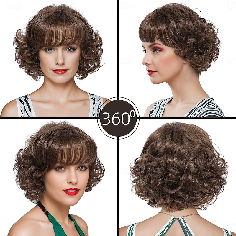 Synthetic Wig Wavy Curly Weave Asymmetrical Neat Bang Machine Made Wig 12 inch A1 Synthetic Hair Women's Classic Comfortable Color Gradient Ombre4