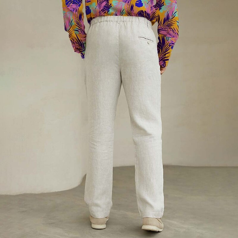 Men's 100% Linen Pants Trousers Drawstring Elastic Waist Straight Leg Plain Comfort Breathable Casual Daily Holiday Fashion Classic Style Beige4