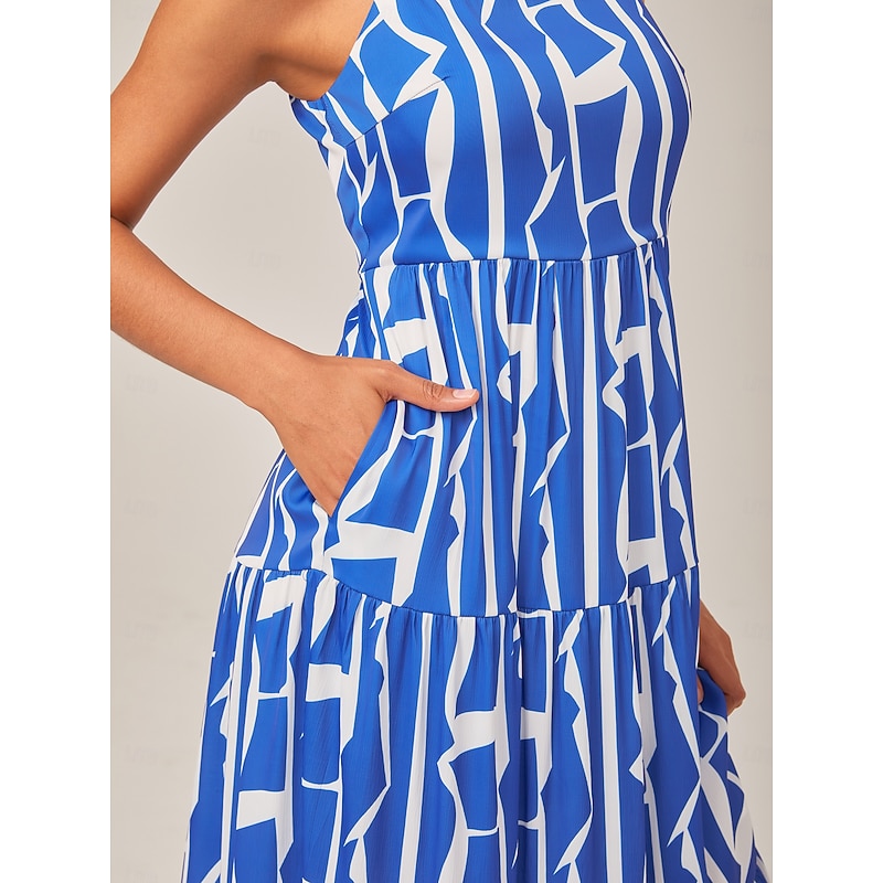 Blue Geometric Pattern Spaghetti Strap Dress3