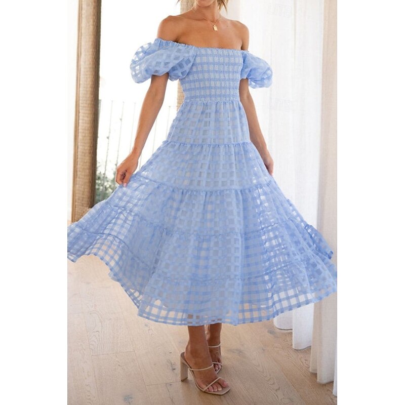 Women's Midi Dress Graduation Dress Fashion Modern Lantern Sleeve Vacation Graduation Weekend Regular Fit Plain Short Sleeve Off Shoulder Black White Yellow Pink Summer2