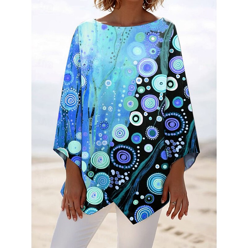Women's Blouse Long Sleeve Asymmetrical Hem Ombre Graphic Polka Dot Stylish Beach 3/4 Length Sleeve Crew Neck Regular Tops Daily Print Pink Blue Orange Spring Fall3