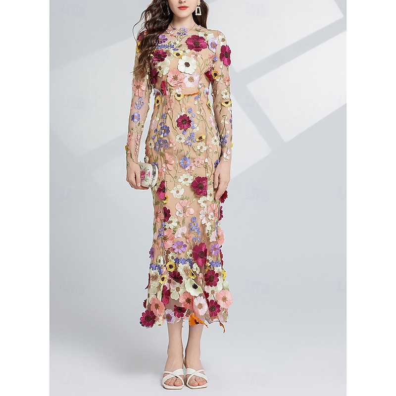 Mermaid / Trumpet Party Dresses Elegant Dress Wedding Wedding Guest Tea Length Long Sleeve Crew Neck Tulle with Floral Embroidered Lace4