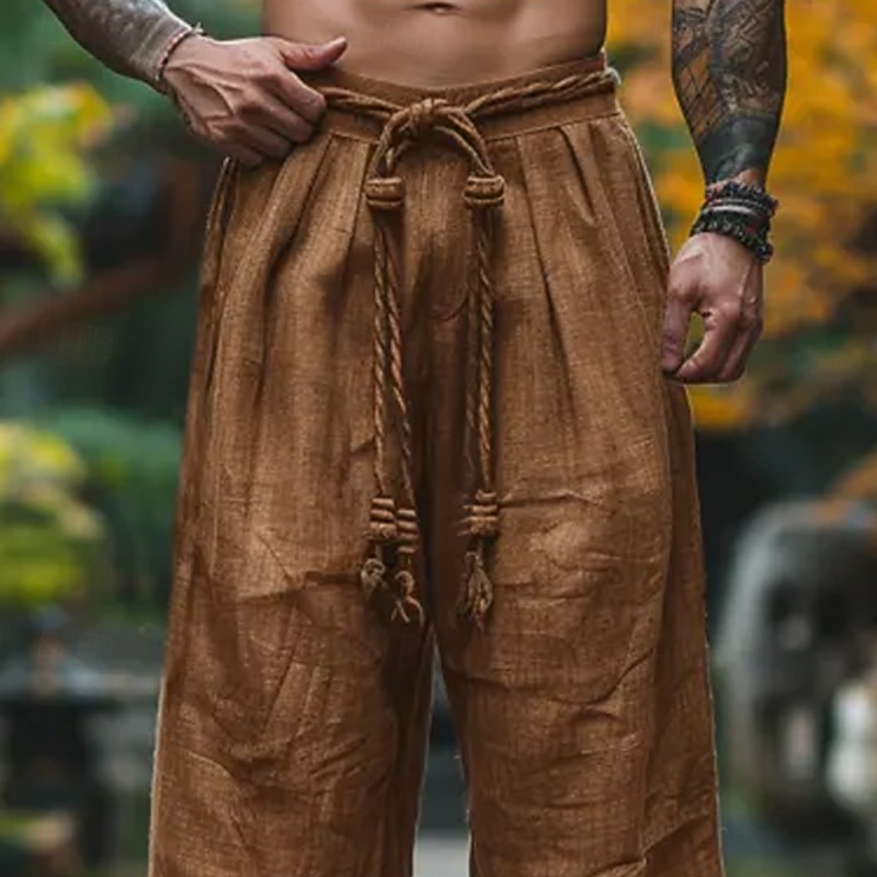 Men's Linen Pants Trousers Summer Pants Baggy Pants Drawstring Elastic Waist Straight Leg Plain Comfort Breathable Full Length Outdoor Yoga Gym Designer Retro Vintage Dark Khaki2