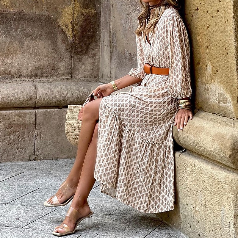 Women's Midi Dress Print Dress Fashion Outdoor Weekend Regular Fit Flower Long Sleeve V Neck Khaki Summer2