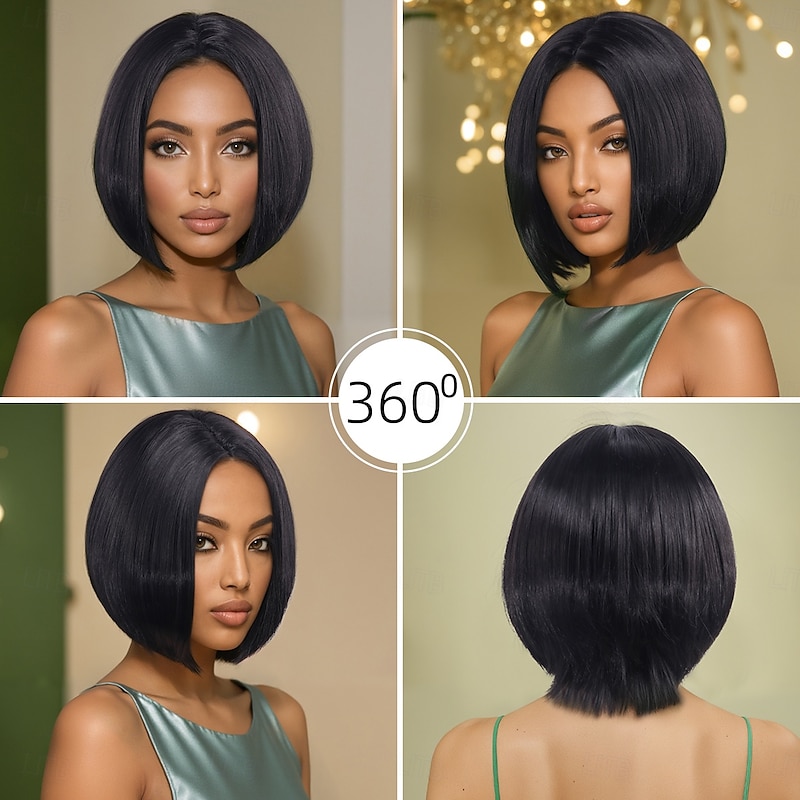 Synthetic Wig Straight Yaki Straight Asymmetrical Deep Parting Machine Made Wig 12 inch A1 Synthetic Hair Women's Middle Part Classic Comfortable Black3