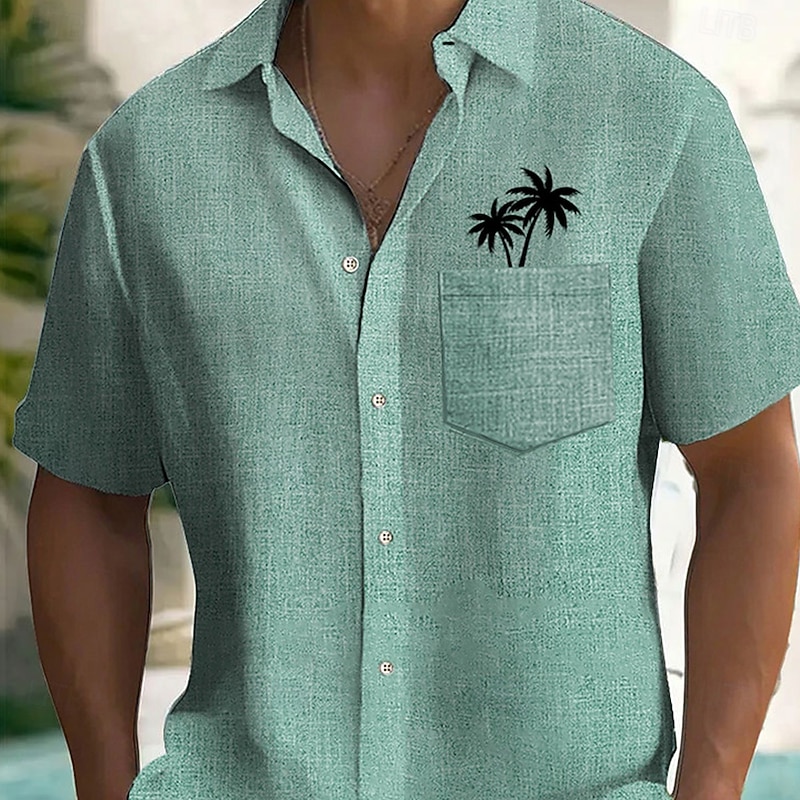 Men's Coconut Tree Linen Shirt Summer Shirt Button Up Shirt Short Sleeve Fashion Casual Vacation Holiday Beach Wear Summer Spring Turndown Collared Shirts Front One Pocket Blue Green3