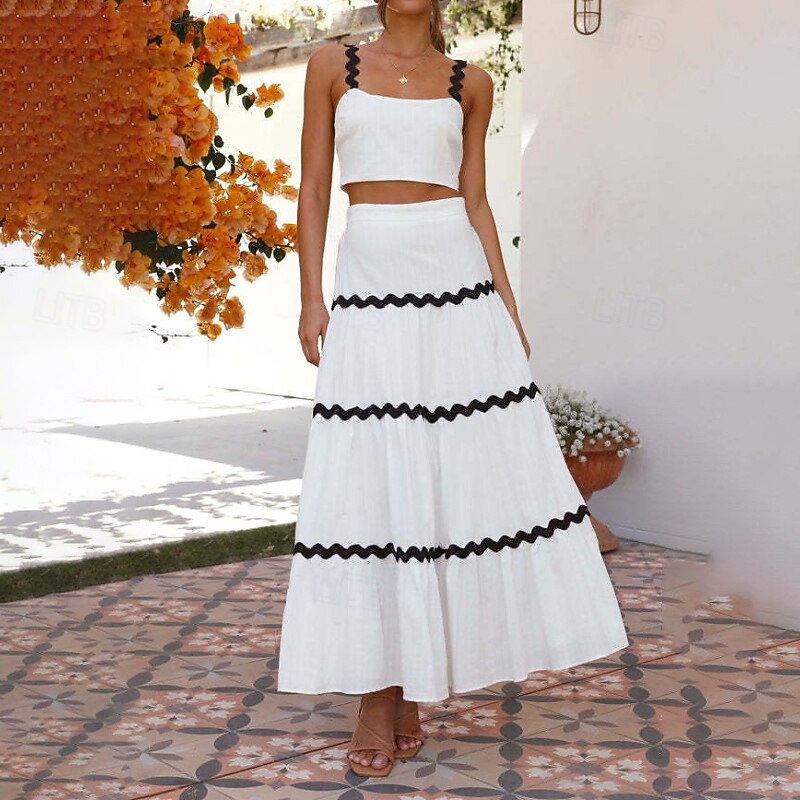 Women's Midi Dress White Dress Graduation Dress Two Piece Dress Fashion Birthday Graduation Date Regular Fit Color Block Sleeveless Spaghetti Strap Light Yellow White Summer4