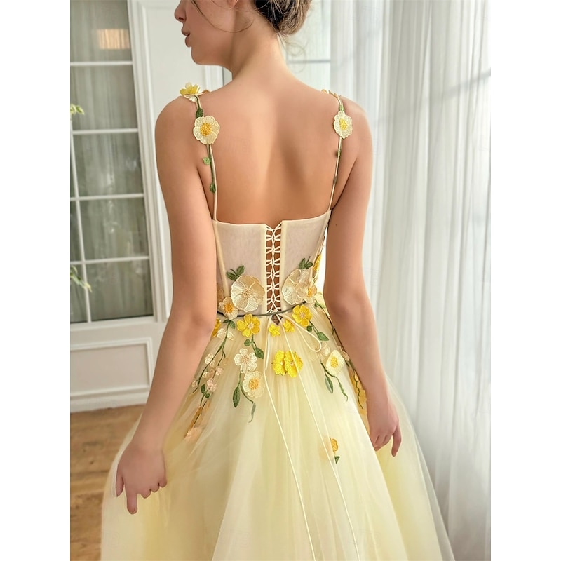 A-Line Quinceanera Dresses ButterDress Wedding Wedding Guest Tea Length Sleeveless Square Neck with Floral Lace Applique Tulle4