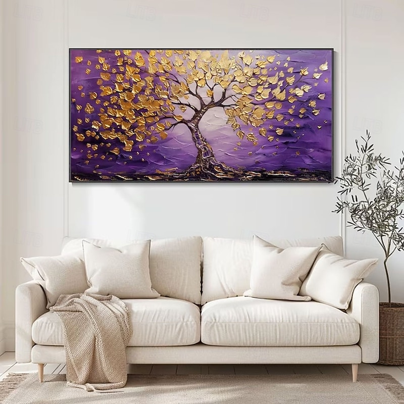 Hand painted Purple Background Gold Leaf Tree Oil Painting Abstract Textured gold tree paintings Artwork paintings for  Living Room Wall Decor Studio Fine Decor Housewarming Gift