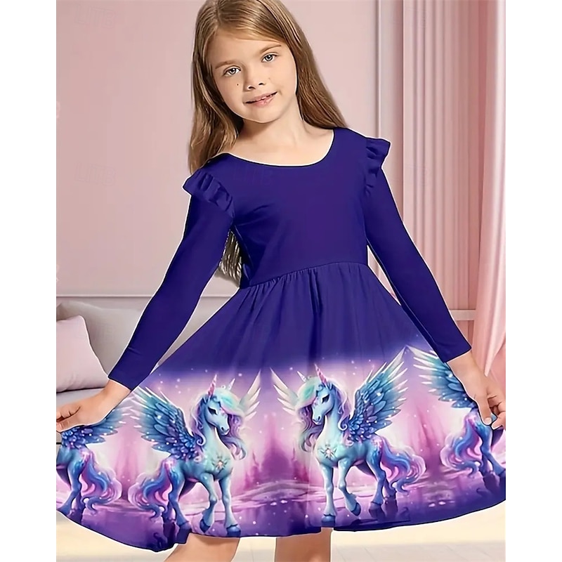 Girls' 3D Horse Dress Ruffle Dress Long Sleeve Summer Spring Vacation Daily Holiday Princess Beautiful Sweet Kids 4-12 Years Casual Dress A Line Dress Knee-length Regular Fit4