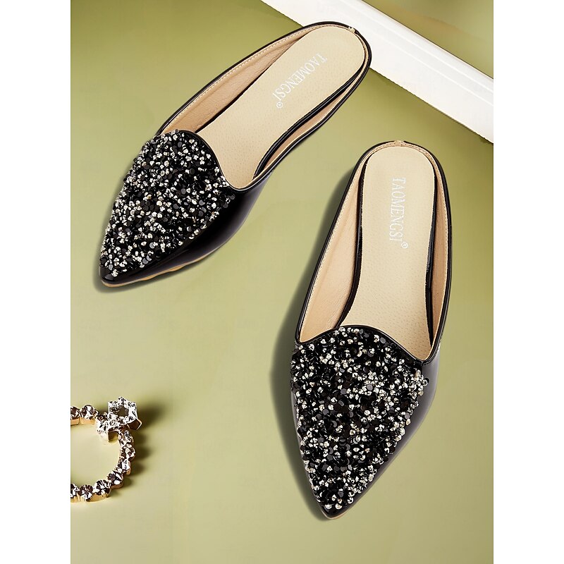 Women's Black Rhinestone Pointed Mules – Slide-On Flats with Crystal Embellishments for Stylish Daily Dates