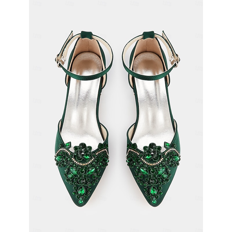 Green Gemstone Embellished Pointed-Toe Flats – Vintage Style Women's Wedding & Evening Shoes2