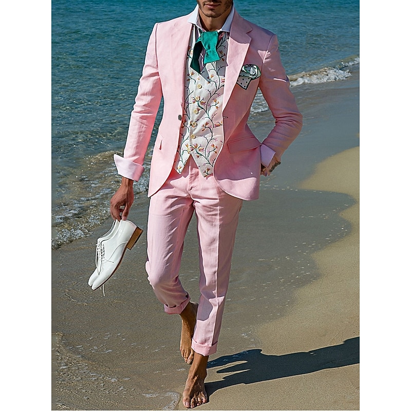 Men's Beach Wedding Linen Suits Notch Lapel Pink Sky Blue Casual Street Style Solid Colored Standard Fit 2 Piece Single Breasted One-button