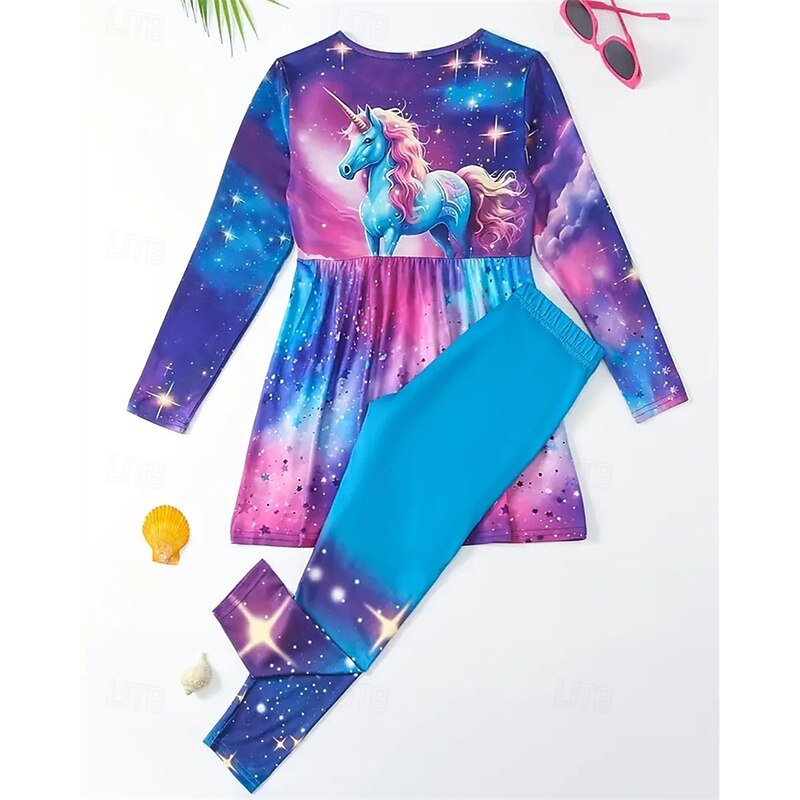 Girls' 3D Unicorn Set T-shirt & Legging Long Sleeve Summer Spring Fashion Daily Basic Kids 4-12 Years Crew Neck Outdoor Vacation Tailored Fit3