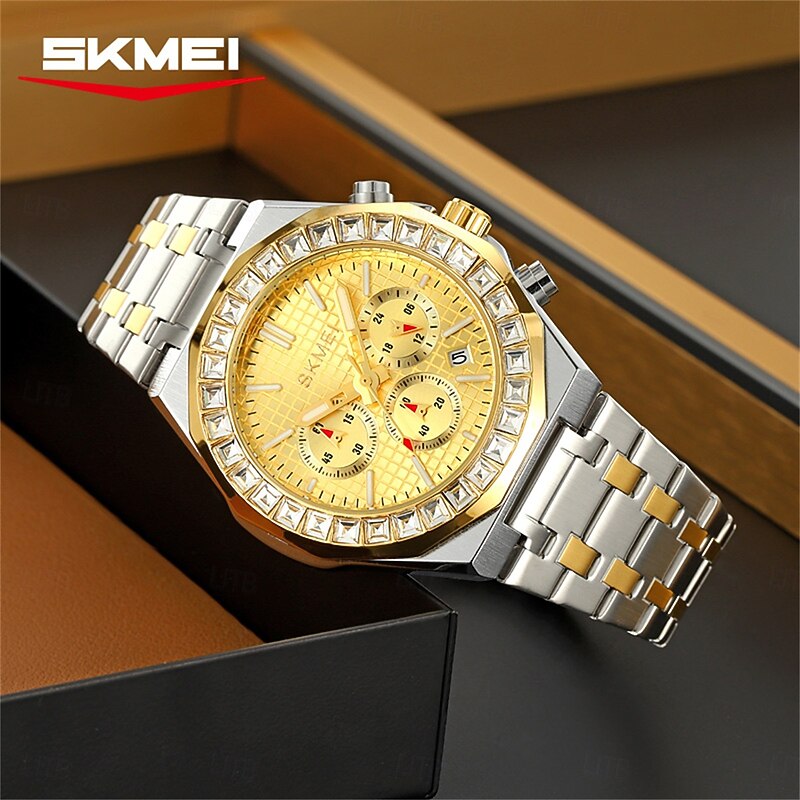 SKMEI Men Quartz Watch Luxury Fashion Rhinestone Business Luminous Calendar Waterproof Decoration Stainless Steel Strap Watch3