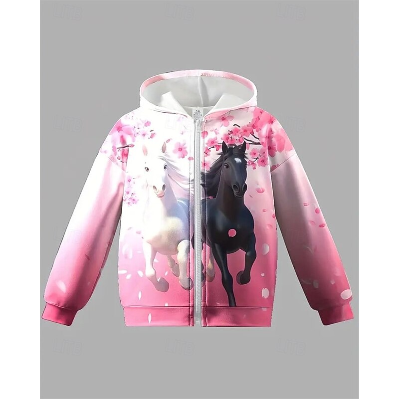 Girls' 3D Horse Hoodie Coat Outerwear Long Sleeve Spring Fall Adorable Sport Kids 4-12 Years Zip Street Daily Regular Fit3