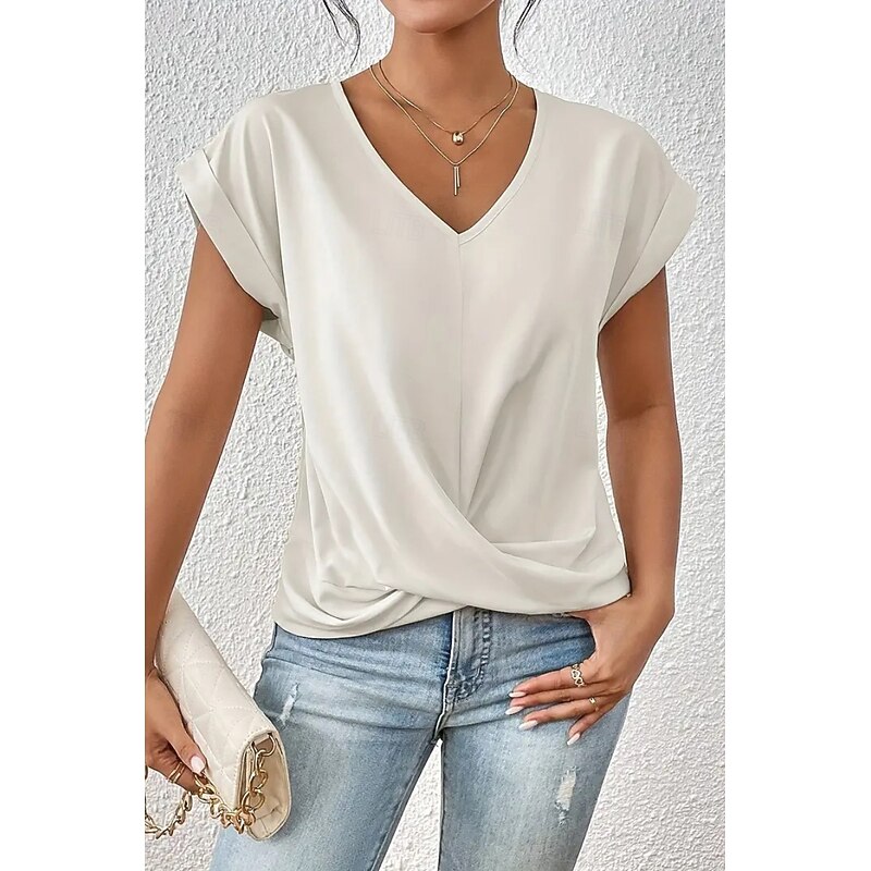 Women's Blouse Plain Modern Casual Short Sleeve V Neck Regular Tops Daily Going out Ruched Blush Pink Black White Wine Summer