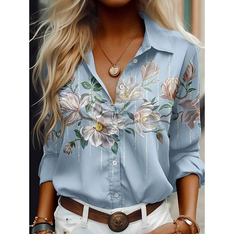 Women's Shirt Button Down Tunic Shirt Collar Long Sleeve Floral Graphic Casual Regular Tops Work Daily s Print Blue Purple Green Spring Fall Winter2