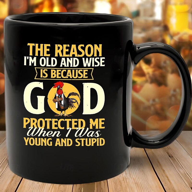 Funny Coffee Mug - The Reason I'm Old and Wise Is Because God Protected Me, Black Ceramic 11oz Cup, Sarcastic Gift for Dad, Grandpa, Friends, and Coworkers