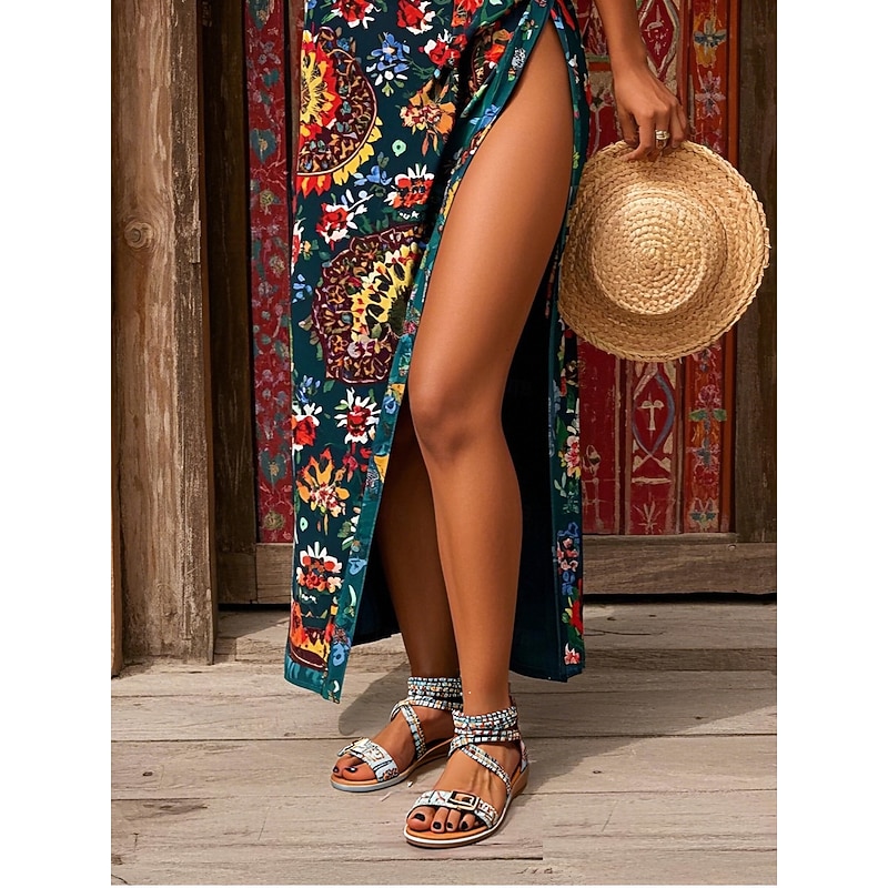 Women's Bohemian Strappy Flat Sandals – Ethnic Print Ankle Wrap Gladiator Sandals with Buckle for Summer, Beach & Casual Outfits2