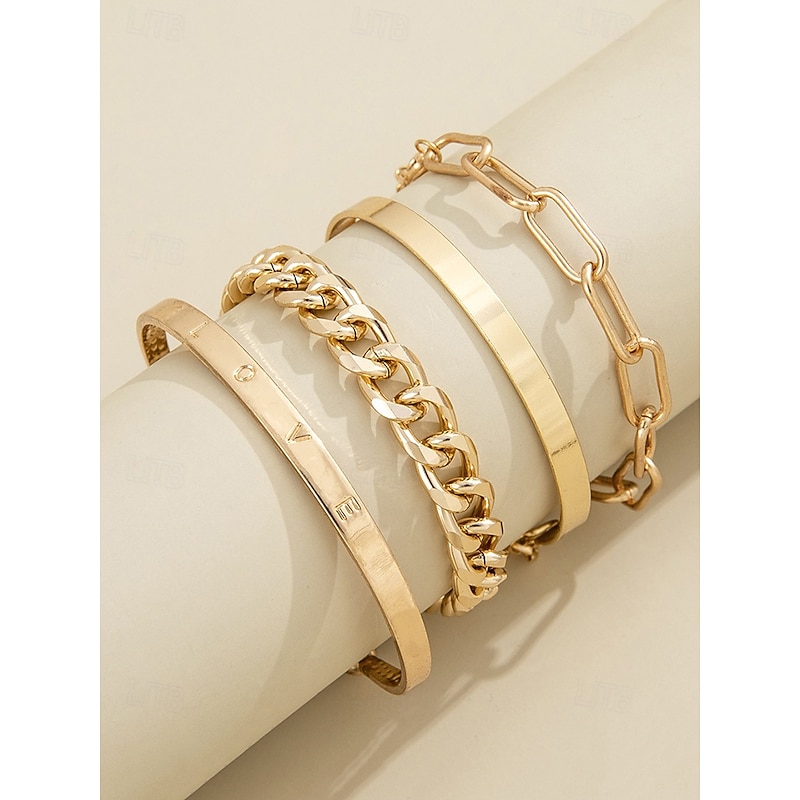 Gold Chain Bracelet Set for Women – Minimalist Stackable Bangles, Elegant Link and Engraved Love Bracelets, Fashion Jewelry for Parties and Everyday Wear