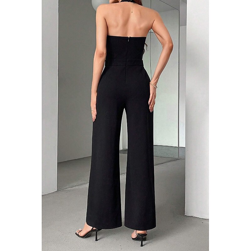 Women's Normal Jumpsuit Stylish Solid Color Sleeveless Halter Neck Patchwork High Waist Street Holiday Regular Fit Black Summer4