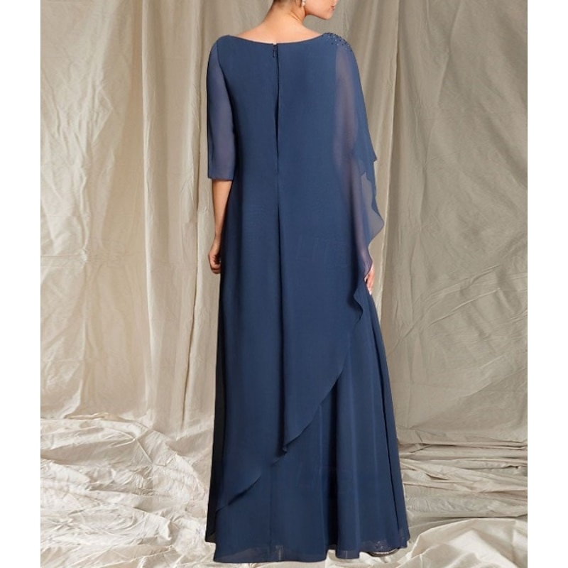 A-Line Mother of the Bride Dress Wedding Guest Elegant Crew Neck Floor Length Chiffon 3/4 Length Sleeve with Beading2
