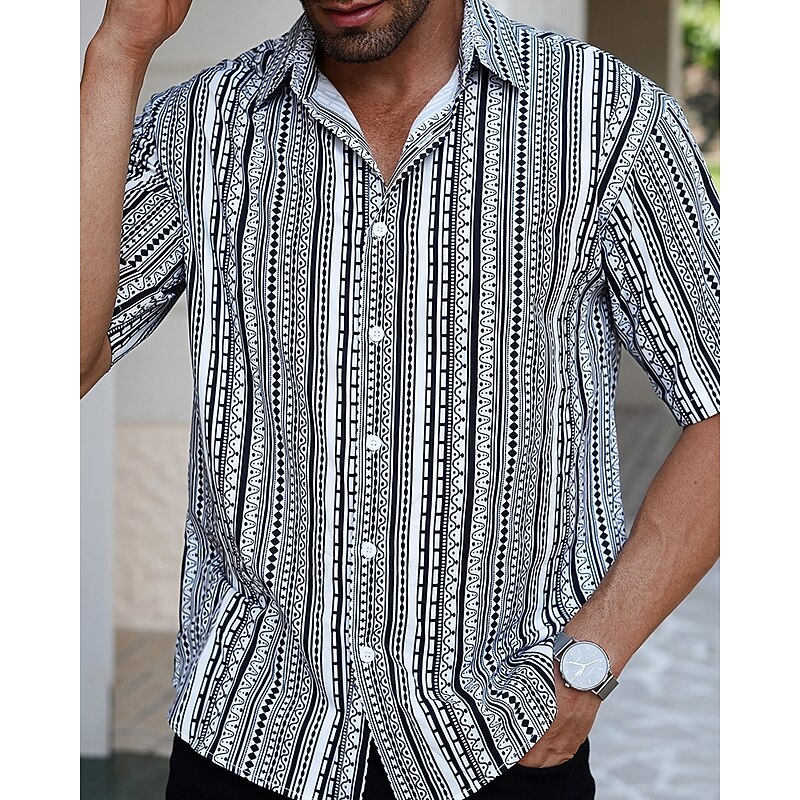 Men's Shirt Summer Shirt Casual Shirt Beach Shirt Button Up Shirt Black Short Sleeve Stripes Shirt Collar Vacation Hawaiian Clothing Apparel Polyester Fashion Casual Comfortable2