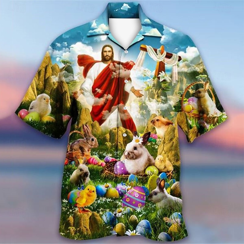 Men's Human Jesus Shirt Summer Hawaiian Shirt Button Up Shirt Fashion Designer Casual Outdoor Street Casual Summer Turndown 3D Button-Down Blue Green Rainbow Dark Gray