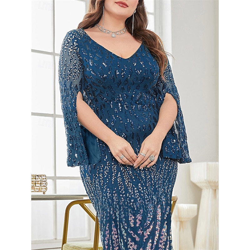 Plus Size Dress Mother of the Bride Curve Dress Elegant Party V Neck Floor Length Spandex Long Sleeve with Sequin3