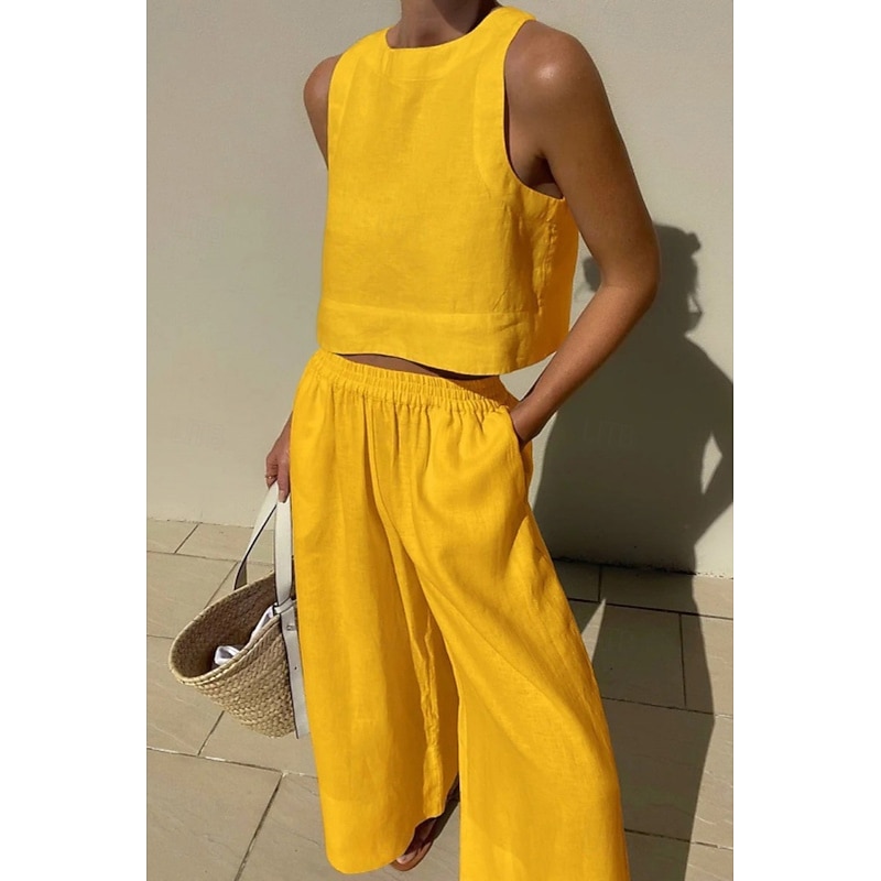 Women's Daily Shirt Linen-Inspired Sets Two Piece Sets Sleeveless Crew Neck Solid Color Ruched Daily Holiday White Yellow Dark Navy Summer Regular Fit2