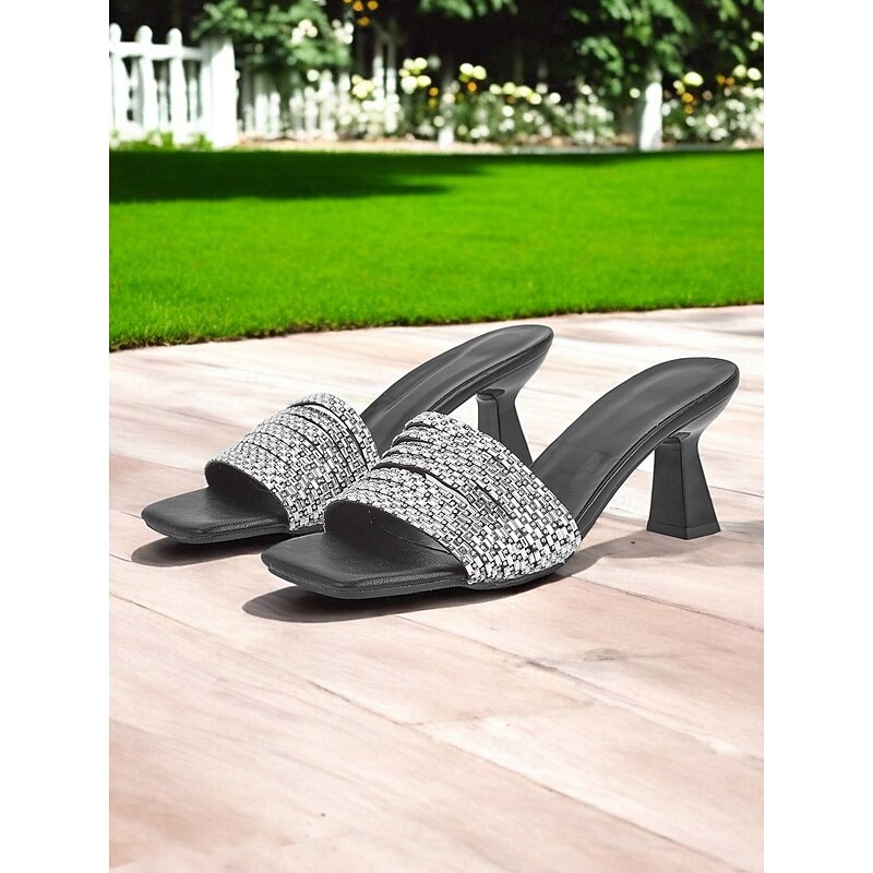 Women's Rhinestone Slip-On Heeled Sandals – Sparkly Square Toe Mules with Block Heels for Parties, Evening Events, and Special Occasions2